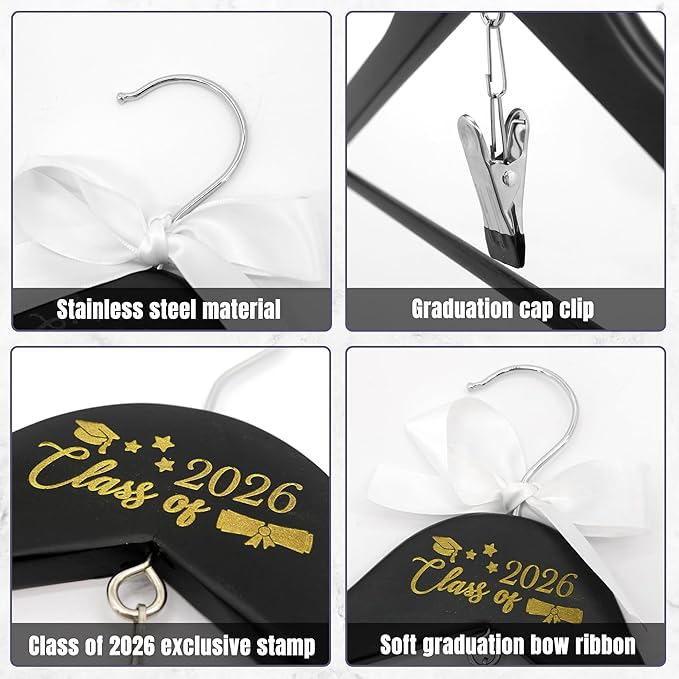 GraduatePro Graduation Cap and Gown Hanger 17.5”with Hook Clip for College and High School Graduates, Graduation Gifts with Class of 2026 Printed for Her and Him, Black