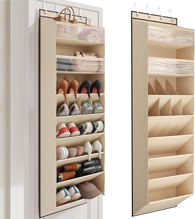 Mefirt 16-20 Pairs Over the Door Shoe Organizer, Clear Pockets Shoe Rack for Closet Door, Hanging Shoe Rack for Boots, Behind the Door Shoe Holder Fit All the Family's Sneakers, Boots, Heels, Beige