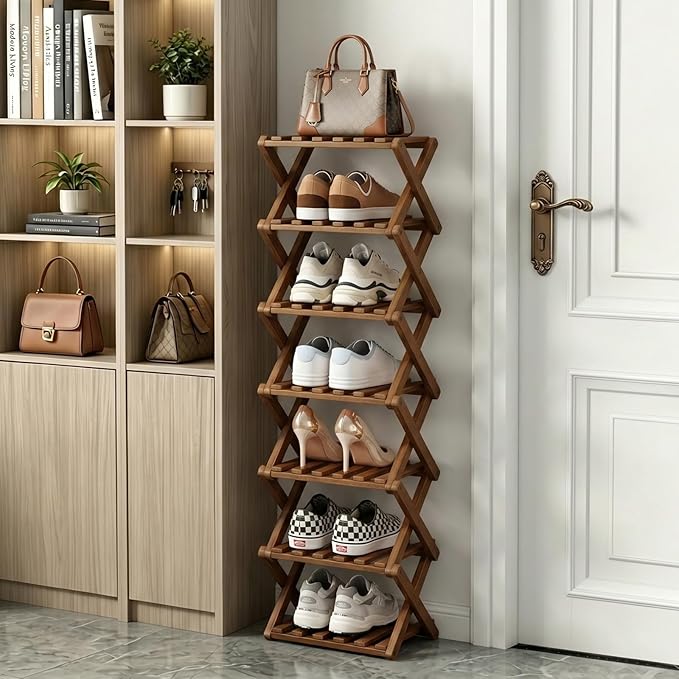 Narrow Shoe Rack, Foldable Bamboo Shoes Shelf for Small Spaces, Multifunctional Vertical Shoe Organizer Tall for Entryway, Closet, Corner, Bedroom, Hallway (Brown, 7 Layers)