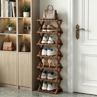 Narrow Shoe Rack, Foldable Bamboo Shoes Shelf for Small Spaces, Multifunctional Vertical Shoe Organizer Tall for Entryway, Closet, Corner, Bedroom, Hallway (Brown, 7 Layers)