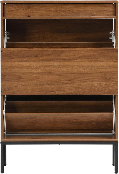 XIAO WEI Shoe Cabinet, Shoe Storage Organizer Cabinet with 2 Flip Wavy Line Drawers, Freestanding Shoe Rack with Adjustable Shelf for Entryway, (Walnut)