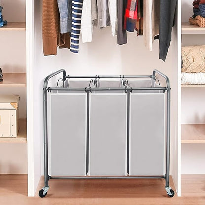 STO STO Laundry Sorter 3 Section, 3 Bag Clothes Hamper, Rolling Laundry Cart Basket with Heavy Duty Lockable Wheels and Removable Bag for Laundry Room, Bedroom, Closet, Gray
