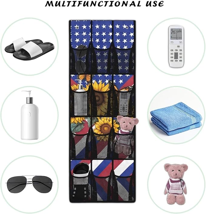 12-Pocket Hanging Storage Bag Behind the Door, Over the Door Organizer Space Saving Storage for Bedroom Closet or College Dorm, American Flag Sunflower