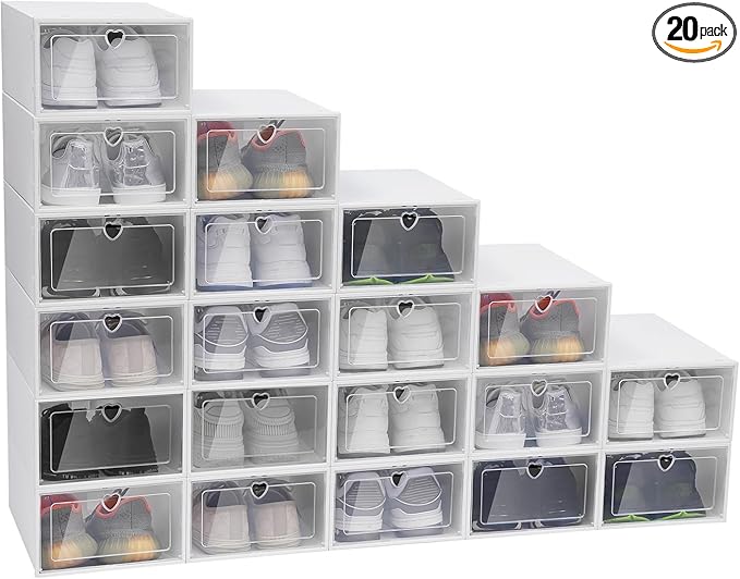 20 Pack Clear Shoe Boxes, Plastic Transparent Shoe Container Clamshell Shoe Storage Box, Stackable Drawer Shoe Cabinet Case Home Shoe Organizer, Front Opening, White