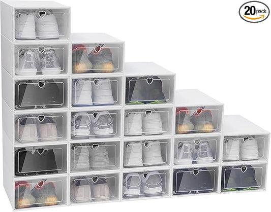 20 Pack Clear Shoe Boxes, Plastic Transparent Shoe Container Clamshell Shoe Storage Box, Stackable Drawer Shoe Cabinet Case Home Shoe Organizer, Front Opening, White