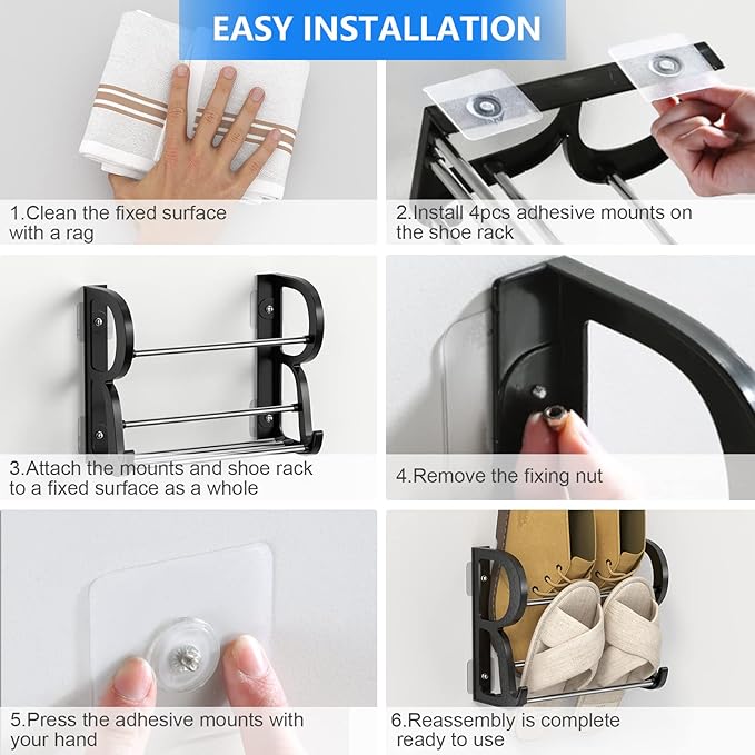 4 Pack Wall Mounted Shoes Rack Wall Shoe Holder Hanging Shoe Organizer Door Hanging Shoe Storage with Sticky Mounts for Camper RV with Hooks No Drilling Black