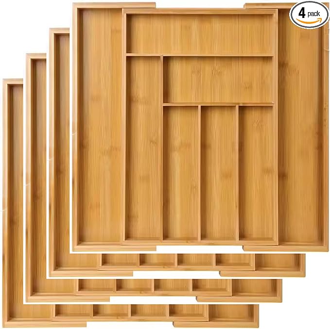 Kitchen Drawer Organizer Expandable Bamboo, Utensil Organizer for Kitchen Drawer, Adjustable Silverware Organizer Tray 13–19.6”, Wooden Cutlery Drawer Organizer, Deep Compartments (4)