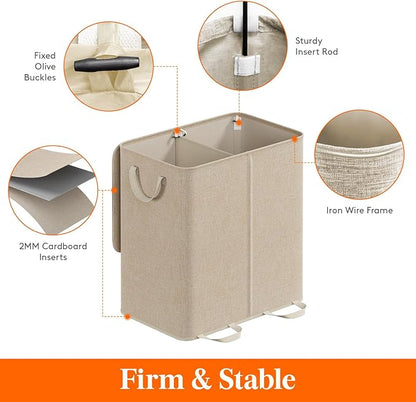 Lifewit Double Laundry Hamper with Lid and Removable Laundry Bags, Large Collapsible 2 Dividers Dirty Clothes Basket with Handles for Bedroom Laundry Room Closet Bathroom College, 144L Beige