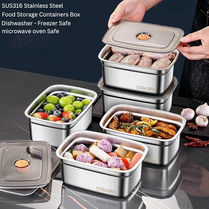 Fridge Storage Box 316 Stainless Steel Food Storage Containers | Food Grade, Leakproof Kitchen Organizer | Freshness Locking, Microwavable & Freezer Safe (1500ml Pack Of 01)