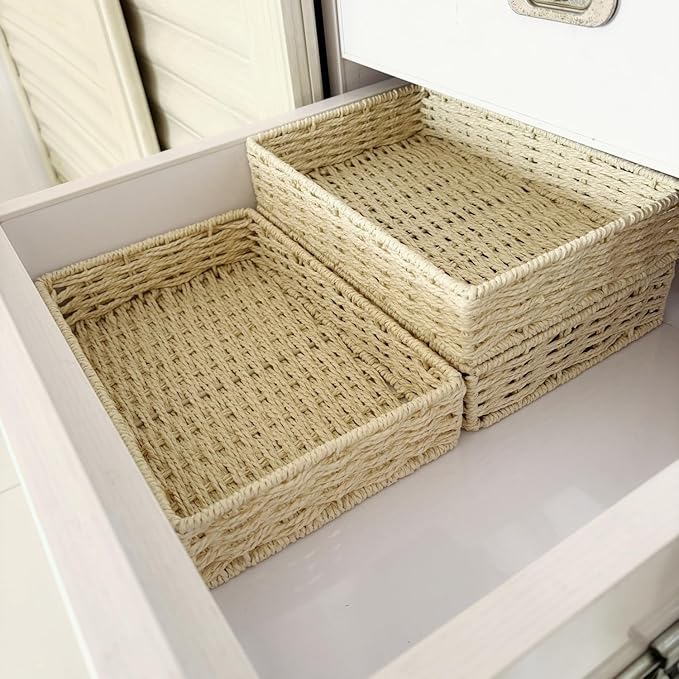 Storage Basket, Small Woven Paper Rope Basket for Drawer, Shelf & Closet Organization, Beige