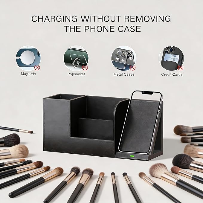 LADSTAG Makeup Brush Holder Organizer, Leather Makeup Brush Cup with Phone Charging Stand for Cosmetics, Nail Polish, Lipstick & Art Supplies Vanity Desktop Bathroom Organizer