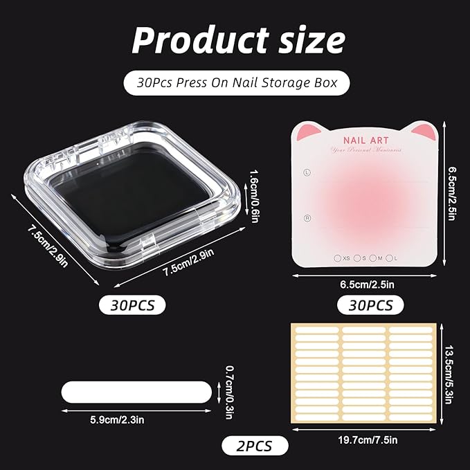 30 Set Press On Nail Display Box with Adhesive Tape and Card,Acrylic Nail Organizer Storage Case for Artificial Nail Packaging,Nail Salon Display Commercial Use