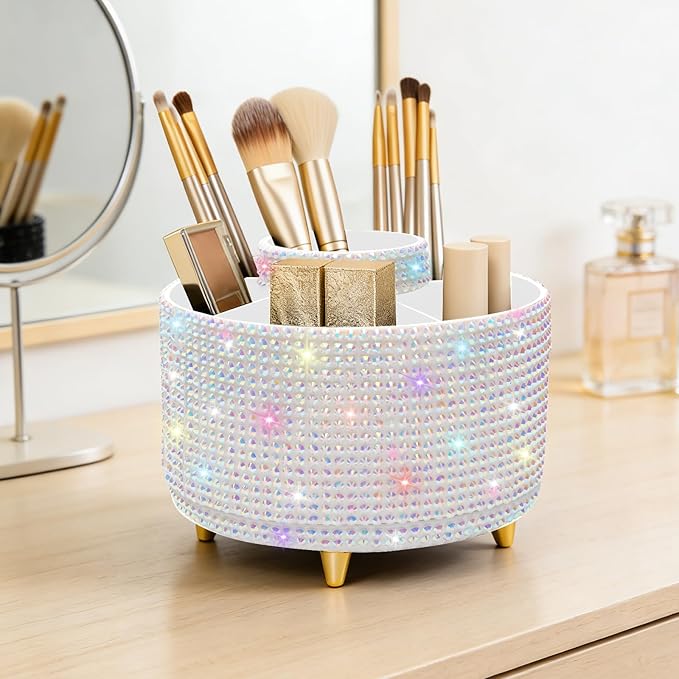 Diesisa Bling Makeup Organizer: 360°Rotating Bling Rhinestone Cosmetic Display Cases -Diamond Makeup Brush Holder - 5 Slot Cup for Cosmetics - Bling Lipstick Organizer - Gift for Women - Diamond White