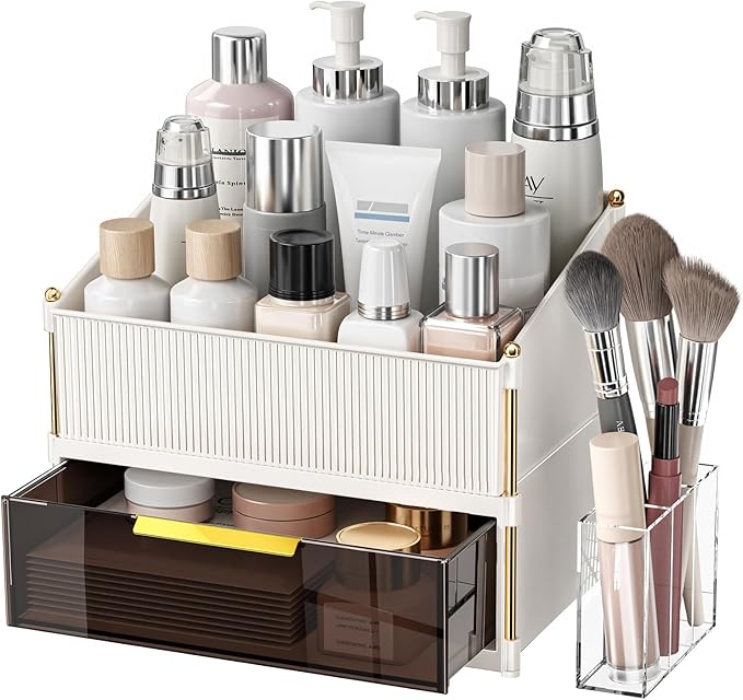 INVSSENE Stackable Makeup Organizer Countertop, Storage Perfume Skincare Cosmetic Lipstick Face Mask Makeup Brush Palettes, Ideal for Vanity Bathroom Counter