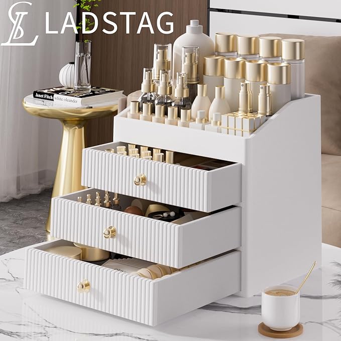 LADSTAG Vanity Organizers,Luxury Skincare Organizer with 3 Tier Drawers,Beige White Large Capacity Cosmetic Organizer Countertop for Makeup Brush,Dresser,Bedroom,Bathroom,Mom Gifts,Mom Birthday Gifts