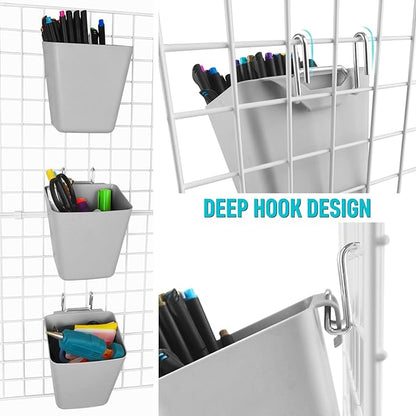 G.CORE Large Grid Wall Bins - 6Pack Gray Gridwall Accessories Hanging Cups with Back Hooks - Plastic Grid Wall Panels Organizers Wire Shelves Holders for Garage Garden Craft Office Tools Storage