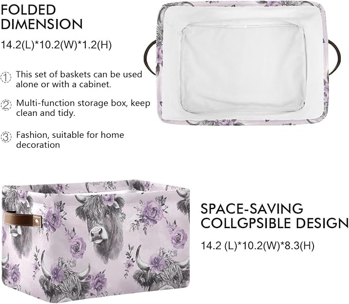 Large Storage Basket Highland Cow Purple Flower Storage Bin Cube Canvas Fabric Organizer Handles Collapsible for Clothes Toys Bedroom Decorative