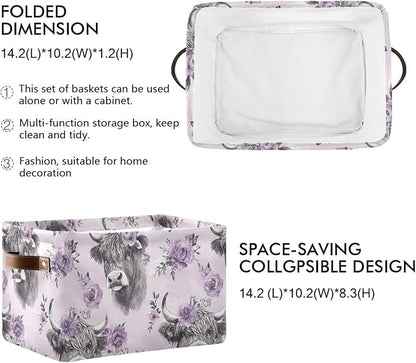 Large Storage Basket Highland Cow Purple Flower Storage Bin Cube Canvas Fabric Organizer Handles Collapsible for Clothes Toys Bedroom Decorative