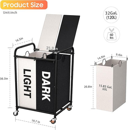 120L (31.7 Gal) Laundry Sorter 2 Section, Rolling Laundry Basket with Lockable Wheels and Lid, Laundry Hamper with 2 Separated Removable Bags Dirty Clothes Hamper for Laundry Room, Multicolored