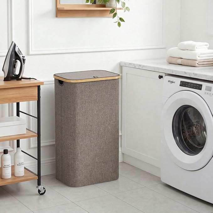 Lifewit 100L Laundry Basket with Lid, Clothes Hampers for Laundry with Bamboo Handles and 1 Removable Bag, Large Foldable Laundry Hamper for Bedroom, Bathroom, Dorm, Laundry Room, Brown