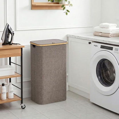 Lifewit 100L Laundry Basket with Lid, Clothes Hampers for Laundry with Bamboo Handles and 1 Removable Bag, Large Foldable Laundry Hamper for Bedroom, Bathroom, Dorm, Laundry Room, Brown
