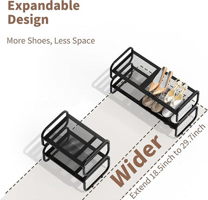 2 Tier Shoe Rack - Expandable Shoe Organizer for Closet, Adjustable Metal Shoe Shelf Storage, Stackable Long Shoe Stand Holder for Garage, Entryway, Door Entrance