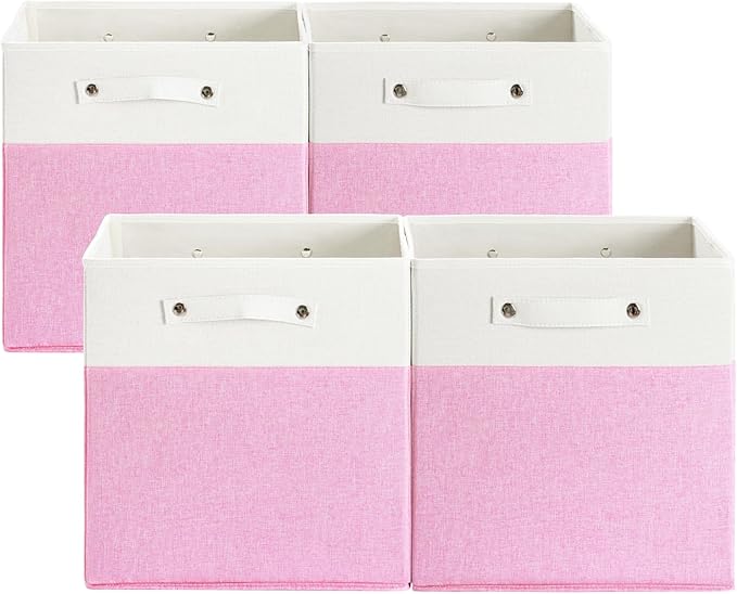 FinishingBo 13 x 13 Inch Fine Linen Storage Bins with Handles，Fabric Cube Boxs，Basket Organizers for Shelves for Home, Closet Drawers (White/Pink-4 Pack)
