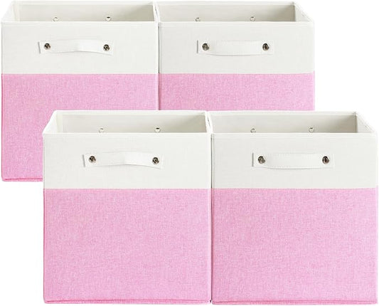 FinishingBo 13 x 13 Inch Fine Linen Storage Bins with Handles，Fabric Cube Boxs，Basket Organizers for Shelves for Home, Closet Drawers (White/Pink-4 Pack)