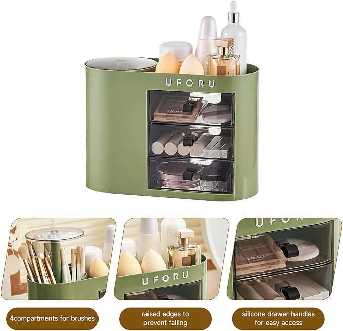 UFORU Makeup Organizer with Pop-Up Brush Holder for Dresser Vanity, Plastic Bathroom Counter Organizer with 3 Drawers & Dust-Proof Cover, Cosmetic Display Case for Lipstick, Skincare, Vintage Green