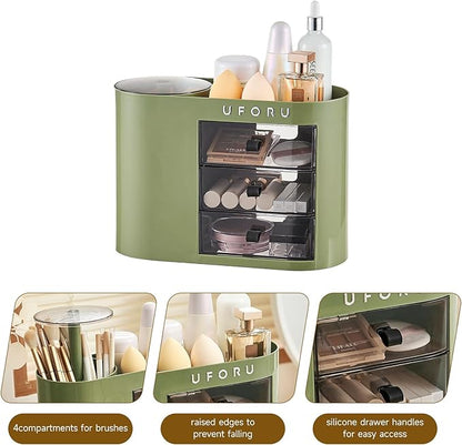 UFORU Makeup Organizer with Pop-Up Brush Holder for Dresser Vanity, Plastic Bathroom Counter Organizer with 3 Drawers & Dust-Proof Cover, Cosmetic Display Case for Lipstick, Skincare, Vintage Green