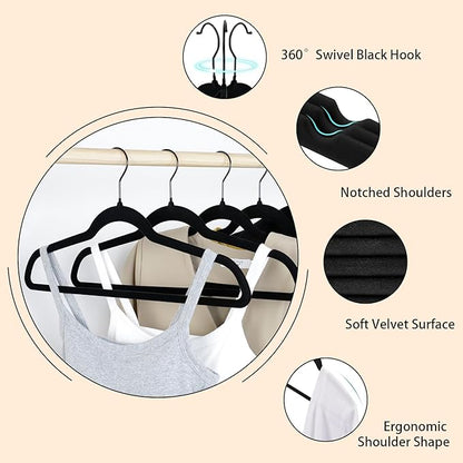ManGotree Black Velvet Coat Hangers with 360° Swivel Black Hook, Non-Slip Felt Suit Hangers, Slim Space Saving Clothes Hanger for Jacket, Sweater, Shirt, Dress, Pants (22 Pack)