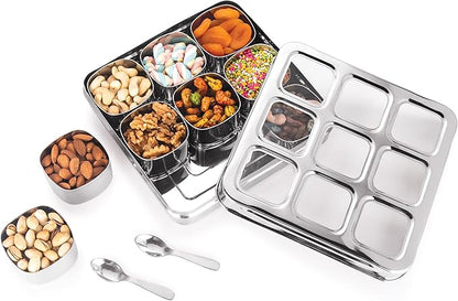 MARU Stainless Steel 9-in-1 Square Masala Dabba – Spice Box with 9 Round Containers, Individual See-Through Lids, and Durable Design for Easy Kitchen Storage (9 IN 1 Without inside lids)