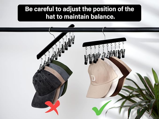 StorageWorks Hat Rack, Closet Organizer and Storage for Baseball Caps,Set of 2 with 10 Adjustable Stainless Steel Clips, Fits All Caps, Black