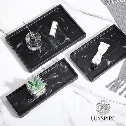 Luxspire Resin Vanity Tray, Bathroom Tray Toilet Tank Storage Tray, 11 x 4 inch Kitchen Sink Trays, Vanity Countertop Organizer for Candles Soap Towel Perfume Holder Jewelry Dish Decor, Ink Black