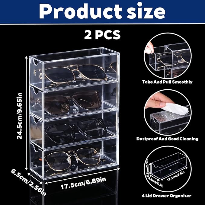 2PCS Sunglass Organizer for Multiple Pairs Clear Acrylic Organizer, 9.65 * 6.89 * 2.56 Inch Plastic Stackable Eyeglass Case Storage Organizers with 4 Drawers for Glasses Jewelry Watch Storage