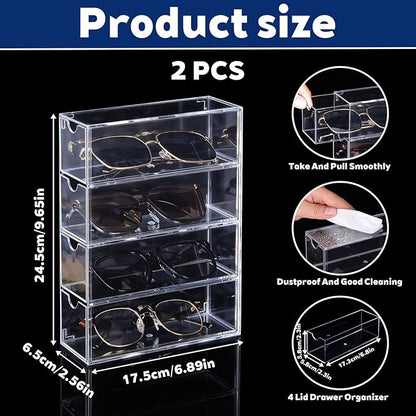 2PCS Sunglass Organizer for Multiple Pairs Clear Acrylic Organizer, 9.65 * 6.89 * 2.56 Inch Plastic Stackable Eyeglass Case Storage Organizers with 4 Drawers for Glasses Jewelry Watch Storage