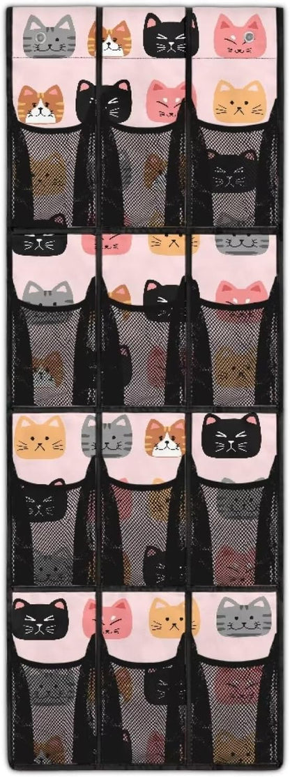 12-Section Over The Door Storage Bag, Oxford Material, Waterproof Scratch-Resistant and for Organizing Bathroom Kitchen Bedroom Essentials, Cartoon Cats