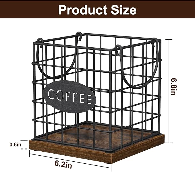 YINMIT K Cup Holder Organizer, Rustic Coffee Pod Holder Organizer, 35 Kcup Holder for Counter with Handle，Large Capacity Black Wire Coffee Capsule Basket for Kitchen Office Desktop (Square Grid)