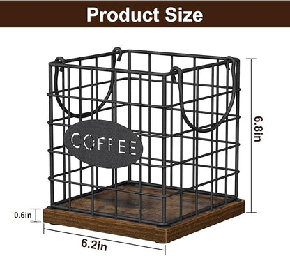 YINMIT K Cup Holder Organizer, Rustic Coffee Pod Holder Organizer, 35 Kcup Holder for Counter with Handle，Large Capacity Black Wire Coffee Capsule Basket for Kitchen Office Desktop (Square Grid)