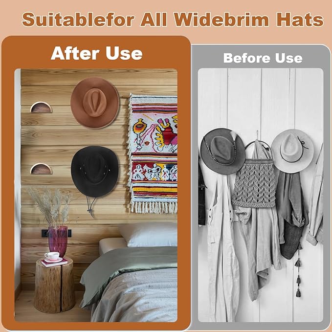 Cowboy Hat Rack for Wall,2 Pack Walnut Wood Hat Holder on Wall, Satin Finish Hat Hooks,Non-Damage Brim Design Can Keeps Original Shape of Hat, for Western Hat Organizer