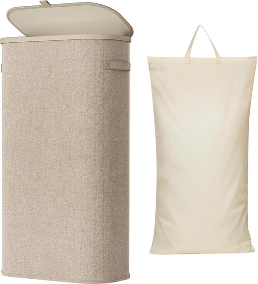 Lifewit Slim Laundry Basket with Lid, Narrow Large Laundry Hamper with Plastic Handles and Removable Bag, Tall Foldable Dirty Clothes Hampers for Laundry Room, Bedroom, Bathroom, Dorm, 75L Beige