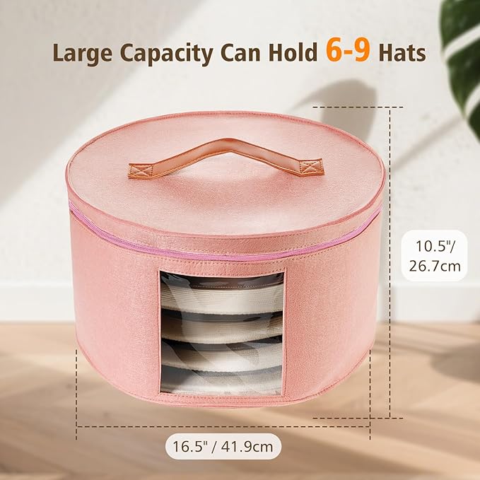 HEAVYWOOD Hat Box for Women Storage Travel Felt Hat Case for Wide-Brim Cowboy Hat Storage Foldable Organizer for Closet Large Round Hat Carrier with Portable Handle (Pink)