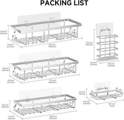Shower Caddy, 5 Pack Shower Shelves for Inside Bathroom, Rustproof Adhesive Bathroom Organizer with Soap Holder, No Drilling Washroom Organizers and Storage for Bathtub Room/Kitchen, Silver