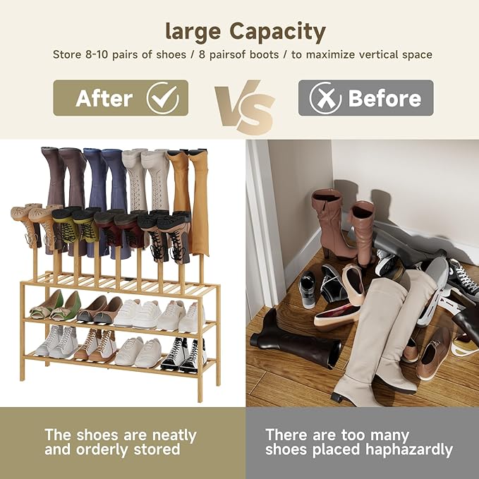 Boot Rack for Tall Boots Organizer,3-Tier Multiuse Shoe Rack and Boot Storage Rack,for Tall Boots,Sneakers,High-Heel (Natrual, 3-Tier-Long)