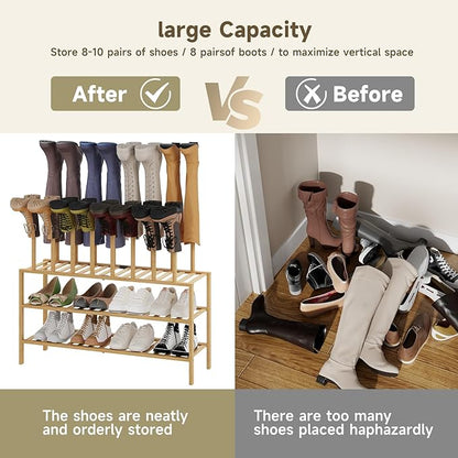 Boot Rack for Tall Boots Organizer,3-Tier Multiuse Shoe Rack and Boot Storage Rack,for Tall Boots,Sneakers,High-Heel (Natrual, 3-Tier-Long)