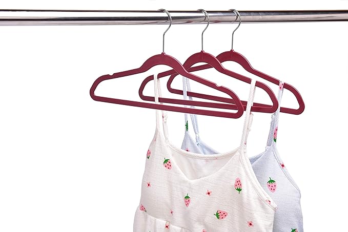 30+10 Quality Kids Children's Plastic Non Velvet Non-Flocked Thin Compact Shirt and Skirt/Pant Bundle Coat Hangers with Metal Clips for Skirts Pants Blouses 360° Swivel Hook, Jacket, Raspberry