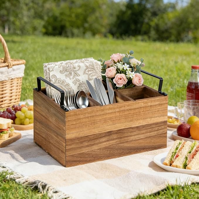 Wooden Silverware Caddy with Detachable Handles, Wood Utensil Silverware Holder for Party, Flatware Caddy Organizer for Kitchen and Office