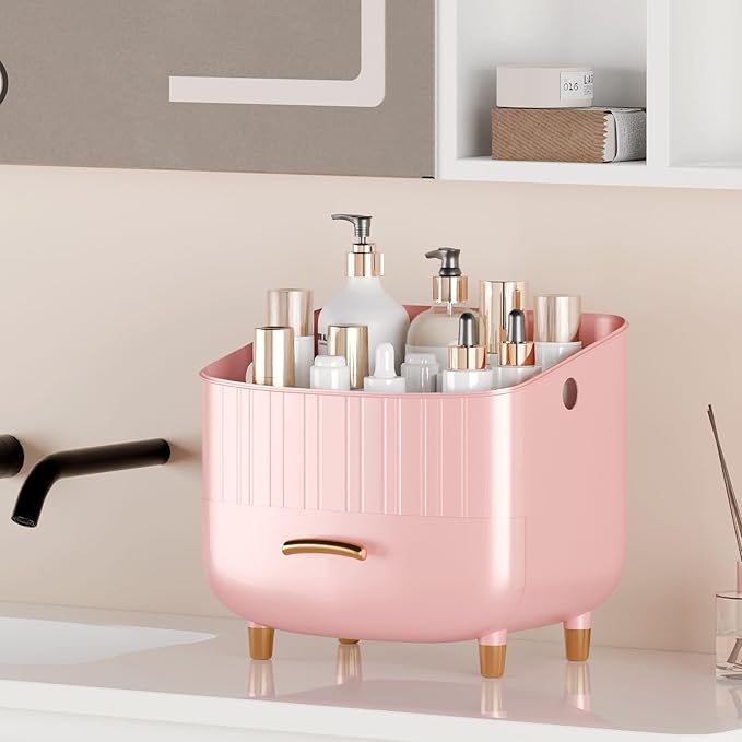 Makeup Organizer Countertop Vanity with Drawers Cosmetic Skincare Bathroom Storage Gift for Women Teens Girls (Pink)