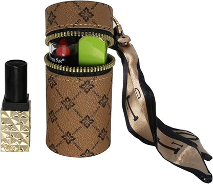 Mini mouth red envelope, luxurious portable makeup box, vintage pattern keychain, with scarf, light brown