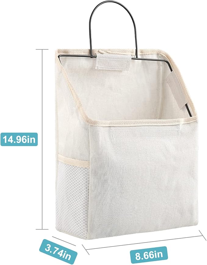 Surblue Wall Hanging Storage Bag with Sticky Hook, Closet Hanging Storage for Pocket, Bathroom Dormitory Organizer Bag, Linen Cotton Organizer Box Containers for Bedroom(White)